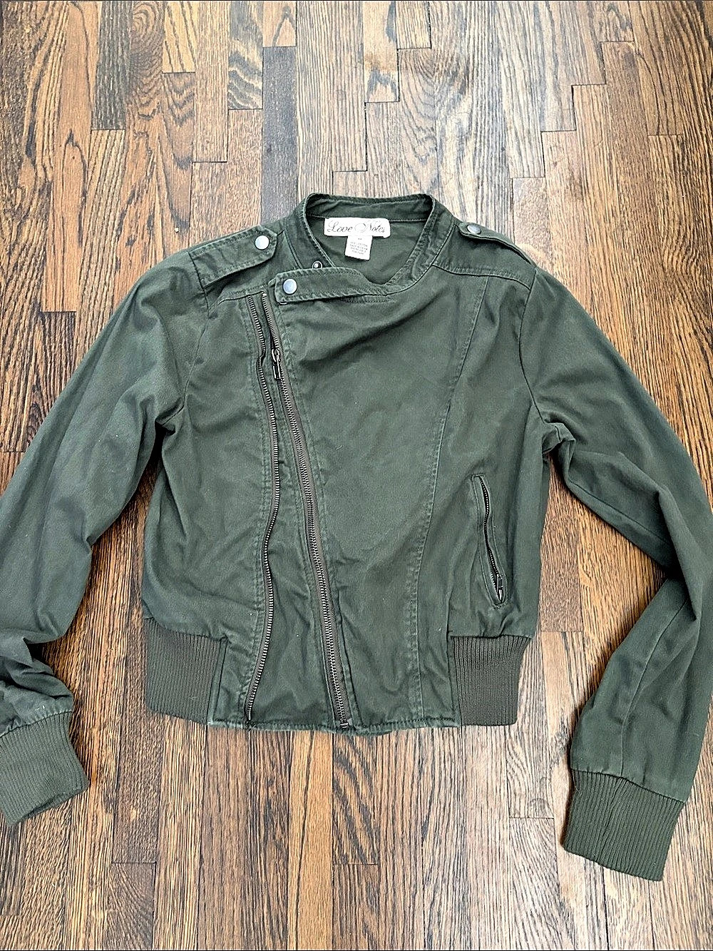 Love Notes Utility Moto Bomber Jacket in Green Medium Like New
